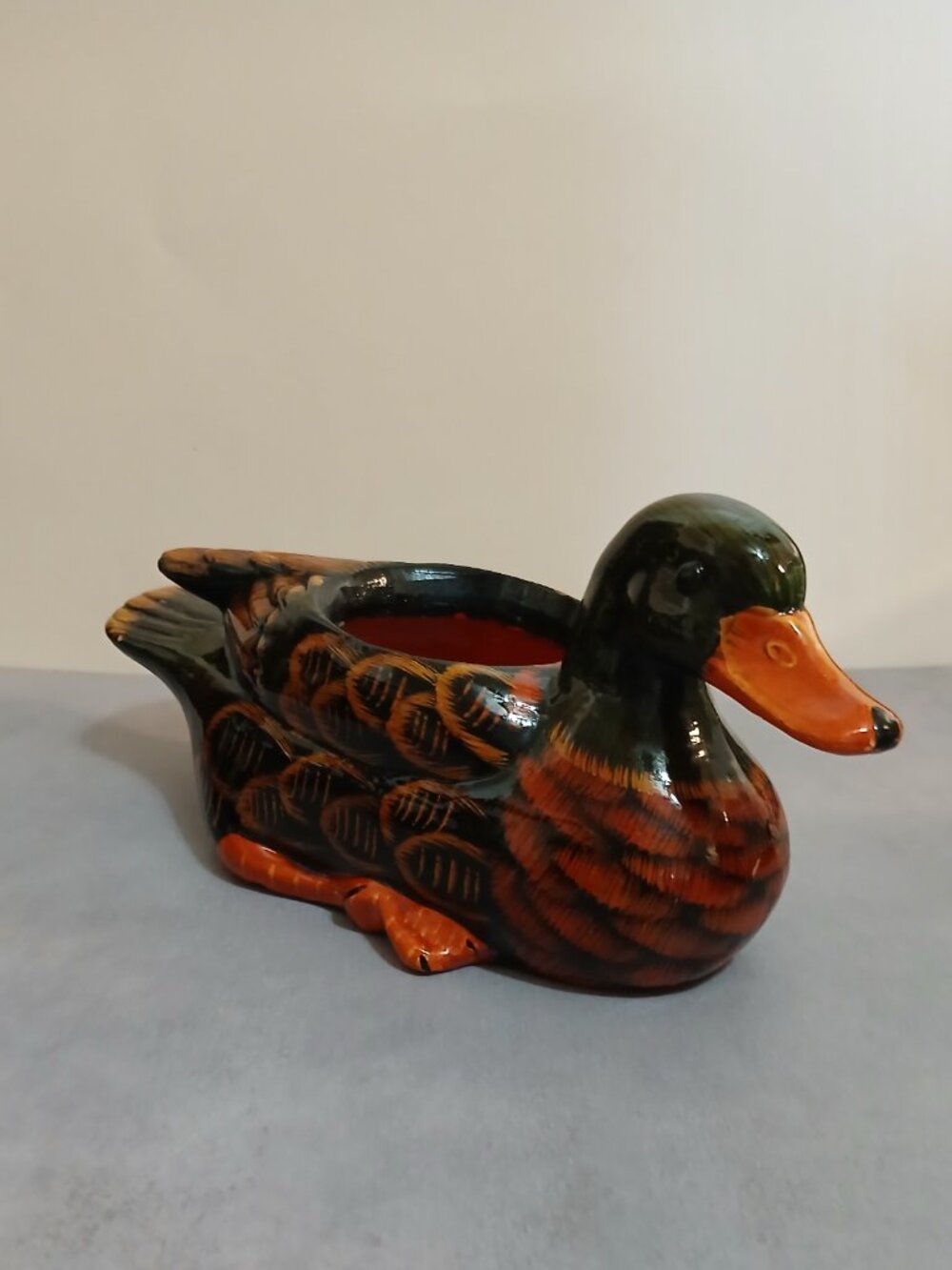1992 Hand Painted Holland Floral Ceramic Oriental Duck Planter